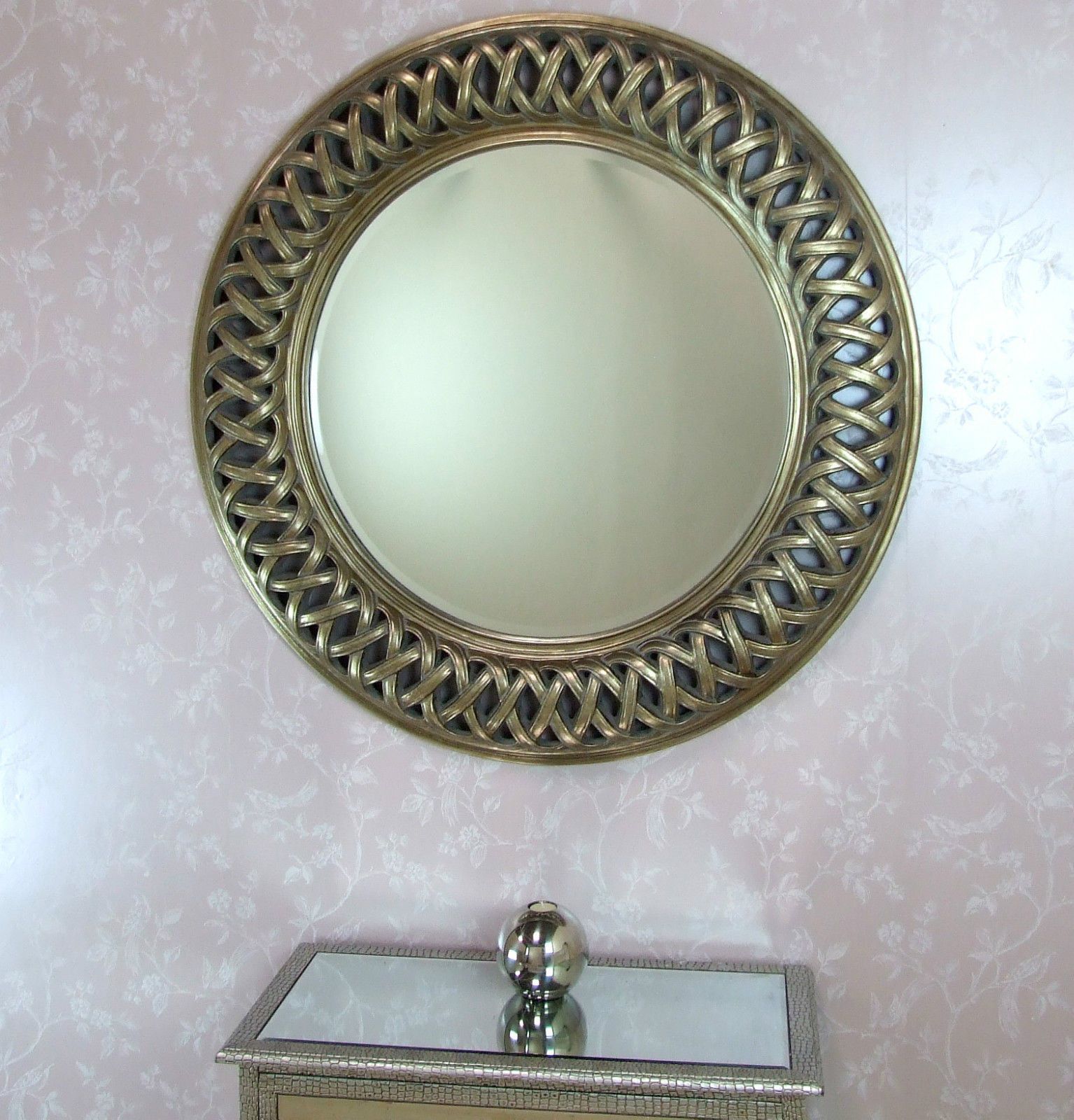Venice Very Large Round Wall Mirror Champagne Silver Frame Art Deco Intended For Antique Silver Round Wall Mirrors (Photo 14 of 15)