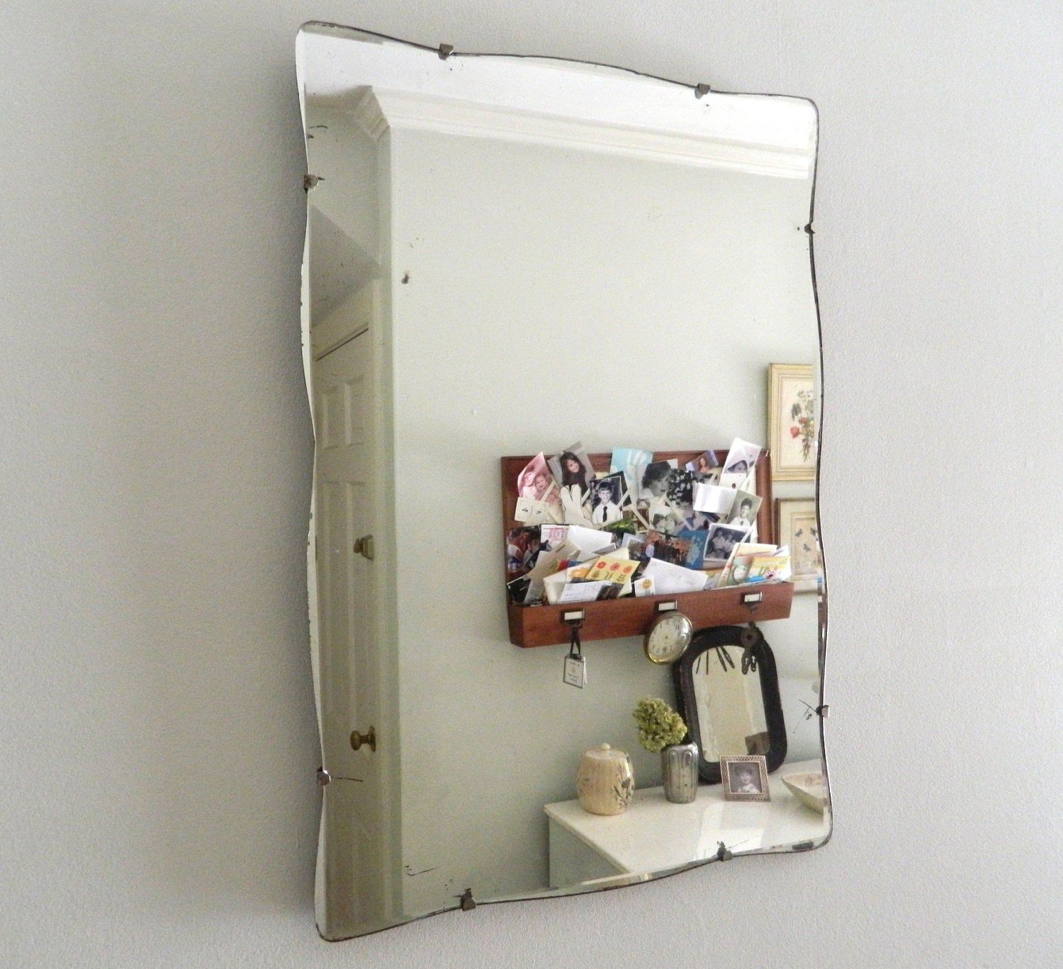 Vintage Beveled Mirror Frameless Scalloped Edges Regarding Double Crown Frameless Beveled Wall Mirrors (View 8 of 15)
