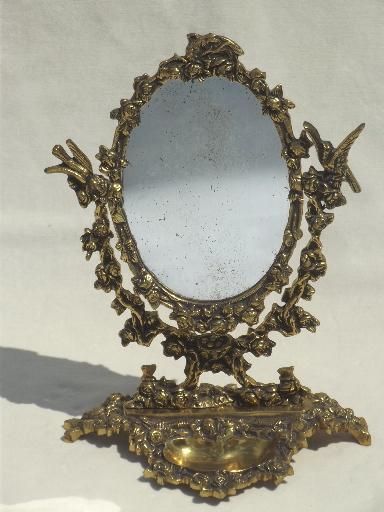 Vintage Gilt Brass Mirror Vanity Stand, Ornate Fairy Tale Gold Oval Frame Throughout Aged Silver Vanity Mirrors (Photo 1 of 15)