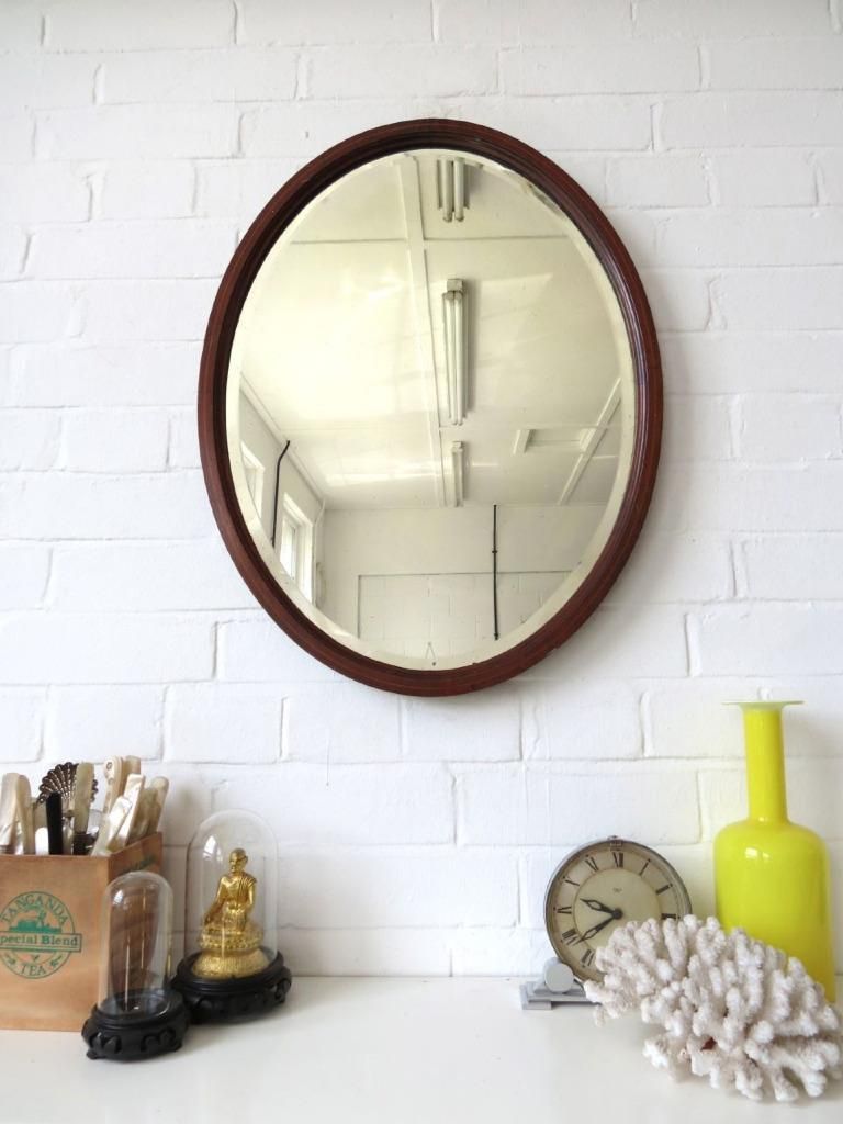 Vintage Large Oval Art Deco Bevelled Edge Wall Mirror With Wood Regarding Smoke Edge Wall Mirrors (View 1 of 15)