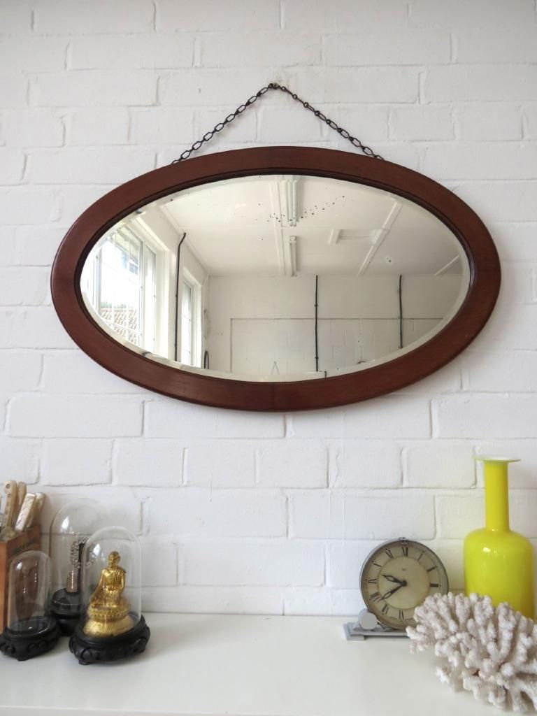 Vintage Large Oval Art Deco Bevelled Edge Wall Mirror With Wooden Frame With Edged Wall Mirrors (View 2 of 15)
