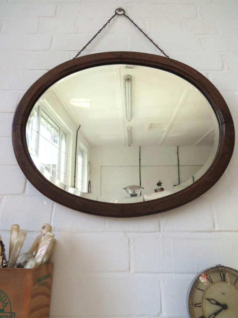 Vintage Large Oval Art Deco Bevelled Edge Wall Mirror With Wooden Frame With Regard To Edged Wall Mirrors (View 1 of 15)