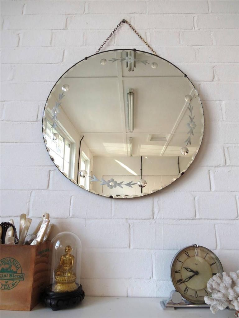 Vintage Large Round Bevelled Edge Art Deco Wall Mirror With Engraved Inside Round Edge Wall Mirrors (Photo 3 of 15)
