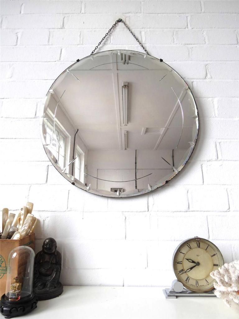 Vintage Large Round Bevelled Edge Wall Mirror Engraved Art Deco Beveled Inside Round Edge Wall Mirrors (Photo 4 of 15)