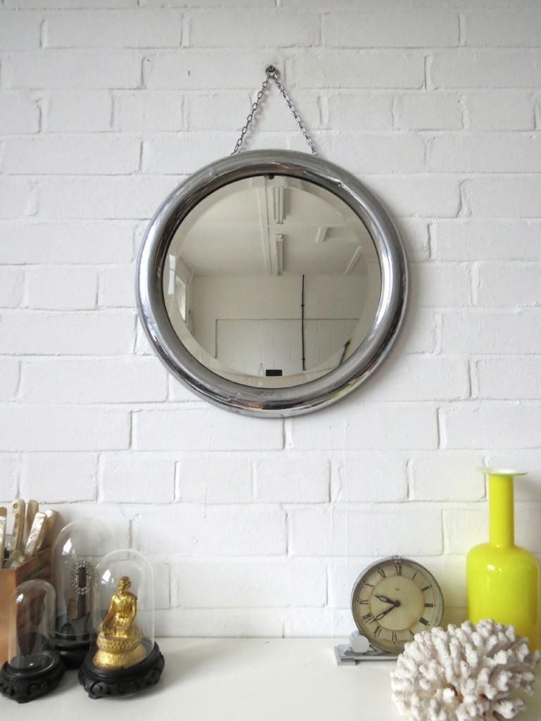 Vintage Round Art Deco Bevelled Edge Wall Mirror With Chrome Frame | Ebay Inside Round Edge Wall Mirrors (View 10 of 15)