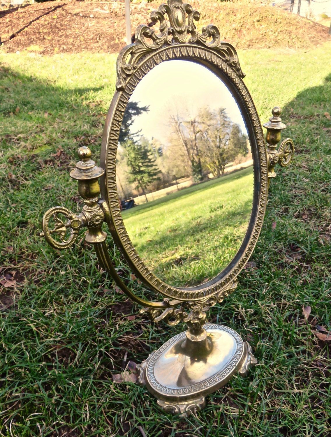 Vintage Vanity Mirror Ornate Pedestal Mirror Antique Brass Pertaining To Aged Silver Vanity Mirrors (View 8 of 15)