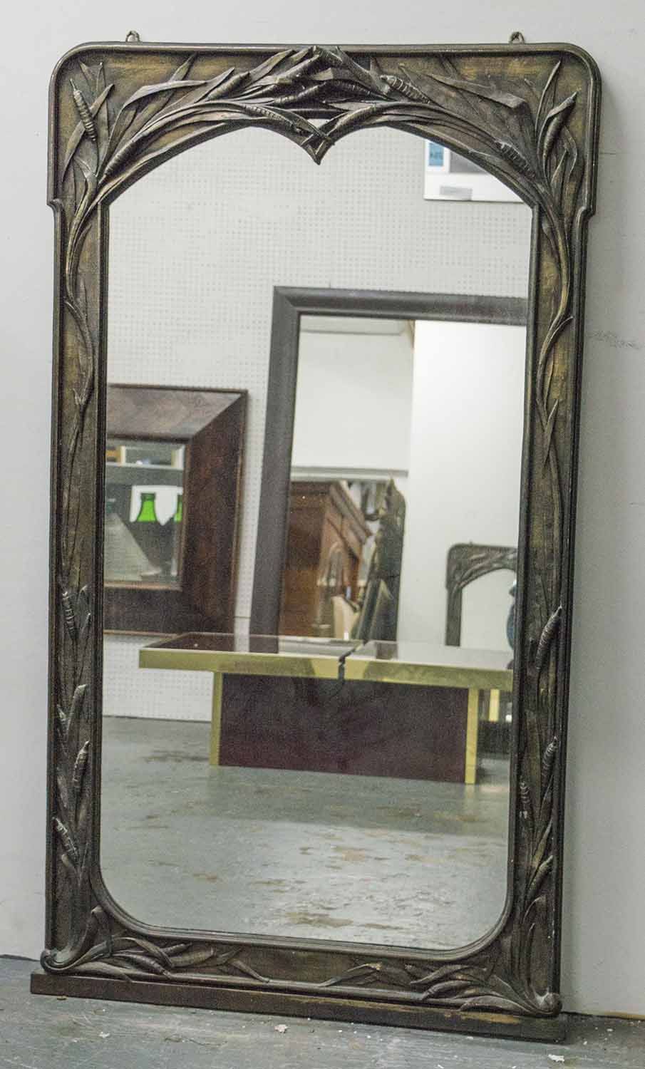 Wall Mirror, Art Nouveau Bronze With Arched Bull Rush Cast Frame, 134cm With Regard To Bronze Arch Top Wall Mirrors (View 6 of 15)