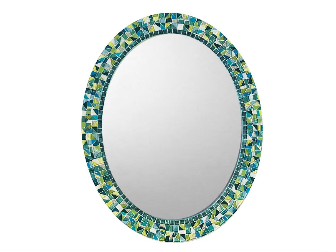 Wall Mirror Mosaic Mirror Oval Bathroom Mirror Teal | Etsy Pertaining To Mosaic Oval Wall Mirrors (View 5 of 15)