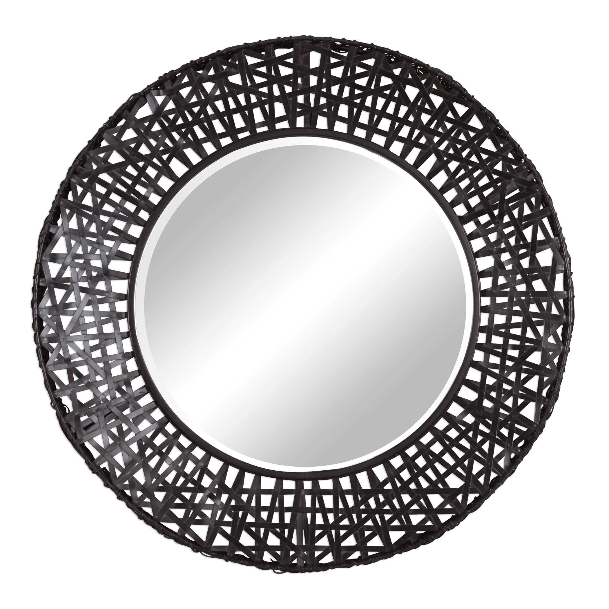 Woven Black Metal Strips Round Wall Mirror Modern Large 37 Throughout Scalloped Round Wall Mirrors (View 9 of 15)