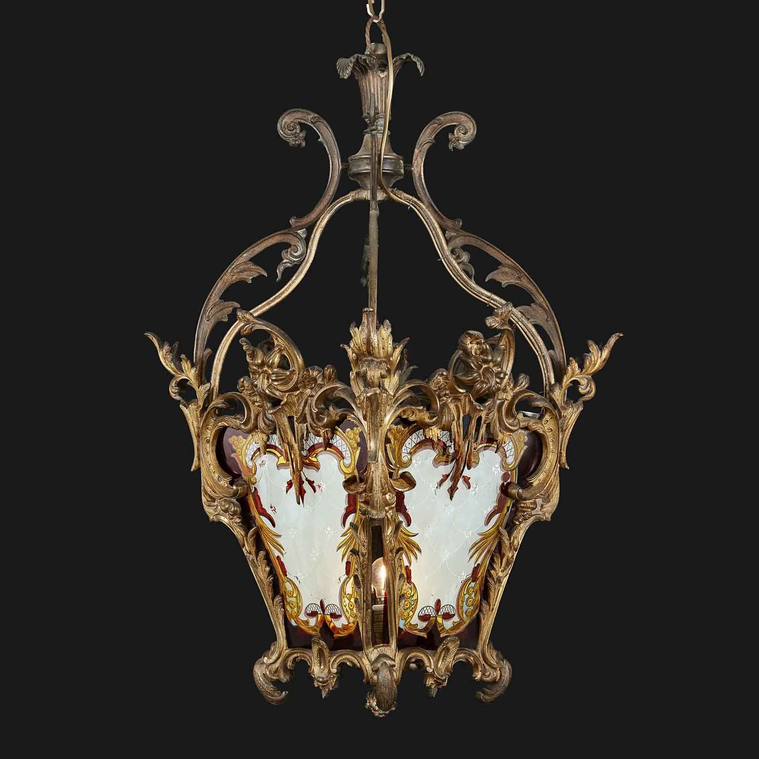 19th Century Italian Gilt Bronze Rocaille Style Lantern With Lambrequin  Decorated Glasses With Regard To Antique Gild Lantern Chandeliers (View 4 of 15)