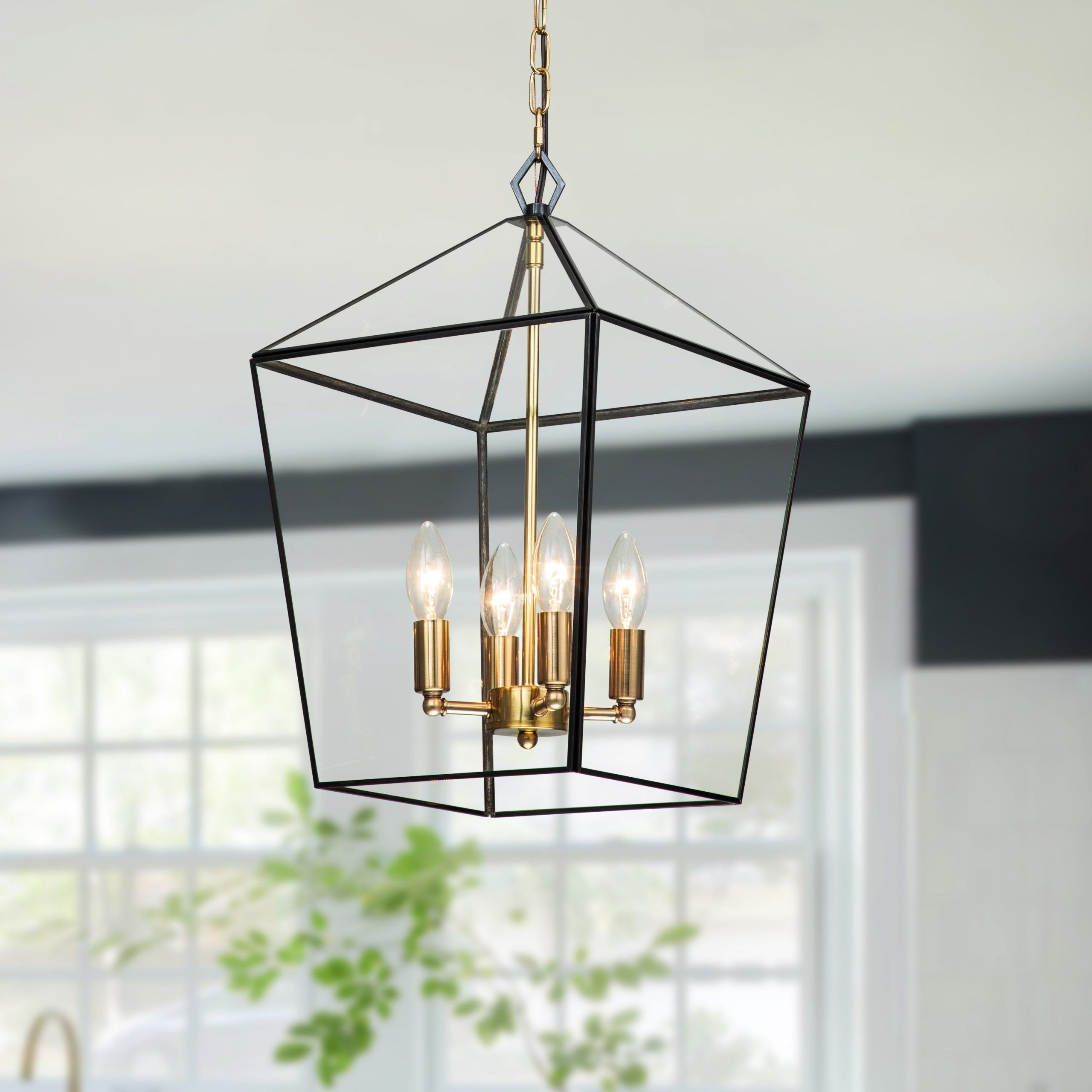 4 Light Brass Lantern Pendant With Clear Tempered Glass Panes – W12" X E12"  X H (View 4 of 15)