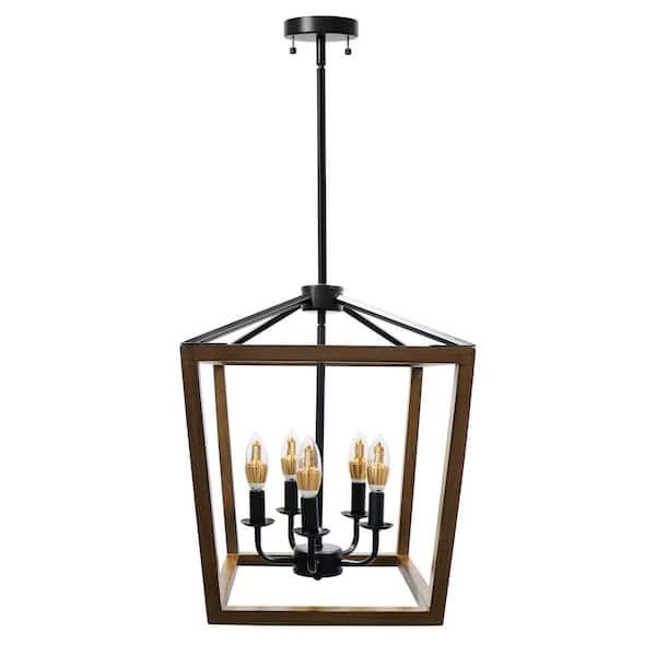 5 Light Walnut And Black Rustic Classic Lantern Chandelier Pendant Light  With Oak Wood And Iron Ec Clw 6012 – The Home Depot For Rustic Black Lantern Chandeliers (View 5 of 15)