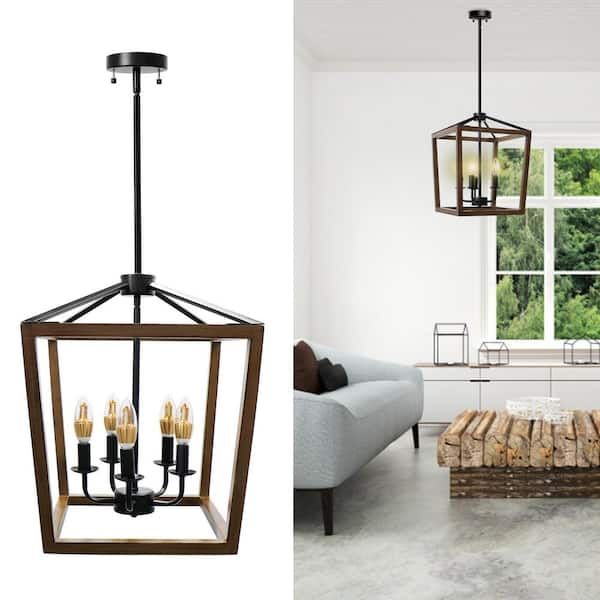 5 Light Walnut And Black Rustic Classic Lantern Chandelier Pendant Light  With Oak Wood And Iron Ec Clw 6012 – The Home Depot For Sullivan Rustic Blue Lantern Chandeliers (View 11 of 15)