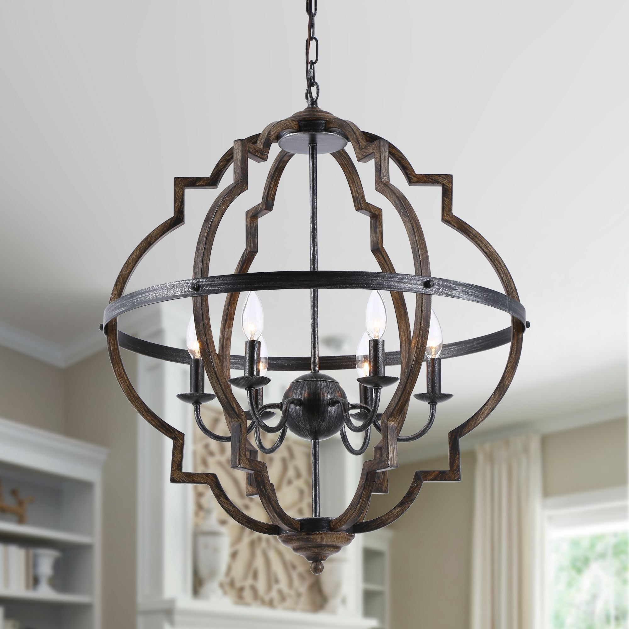 6 Light Distressed Black And Brushed Wood Lantern Geometric Chandelier –  Overstock – 33465791 Pertaining To Distressed Black Lantern Chandeliers (Photo 2 of 15)