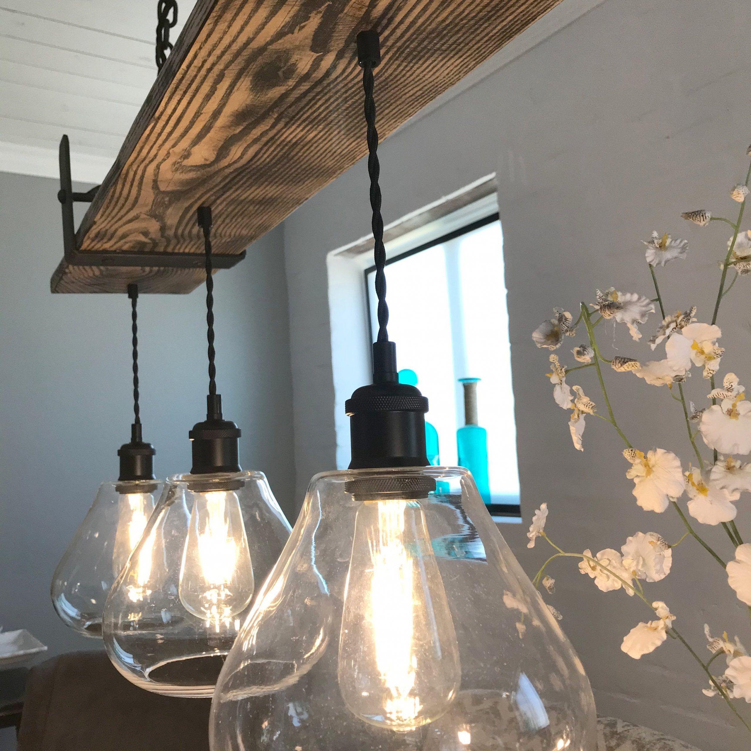 Aged Oak Wood 4 Hanging Light Chandelier With Barnwood Beam – Etsy Throughout Distressed Oak Lantern Chandeliers (View 10 of 15)