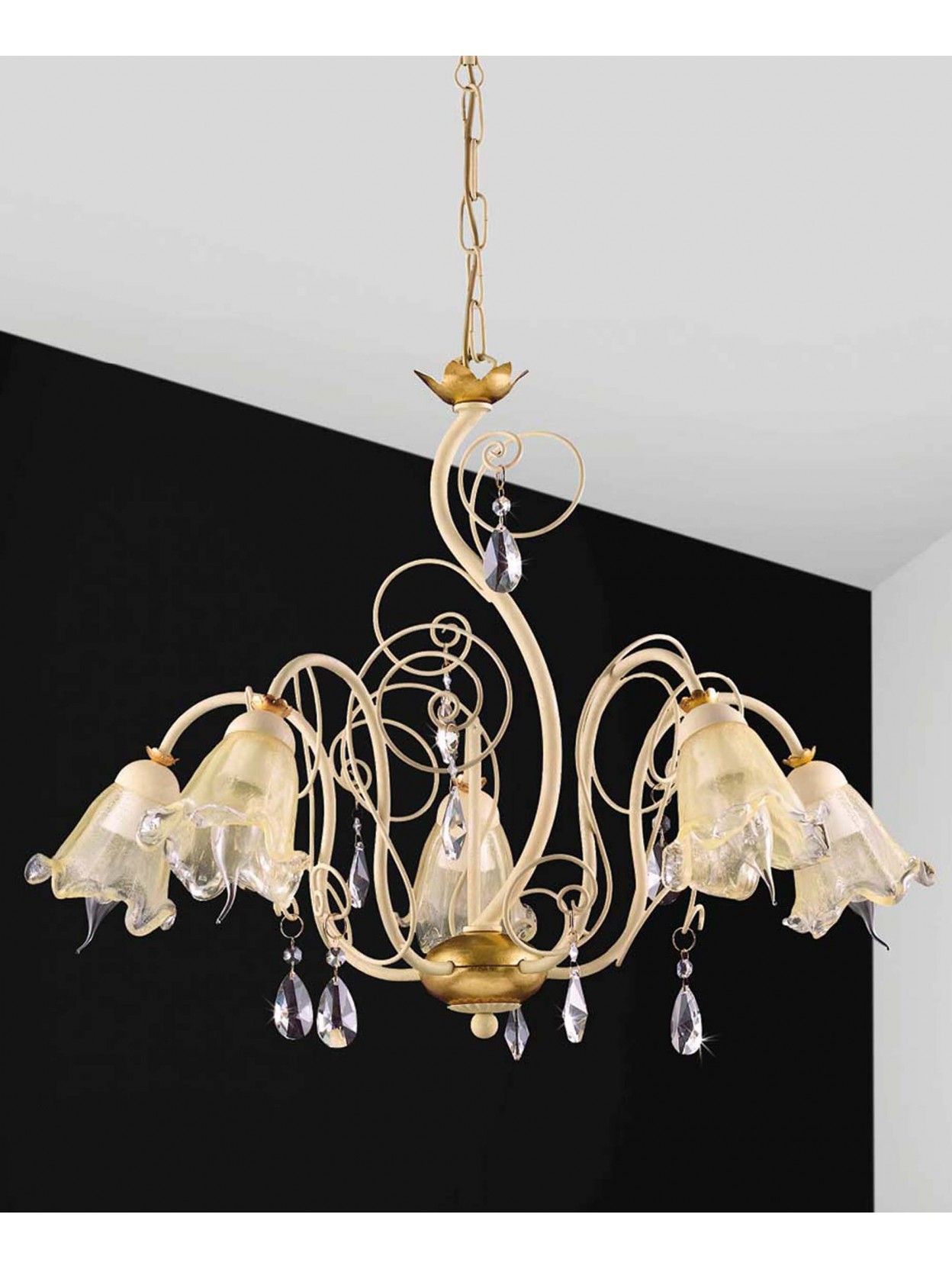 Chandelier 5 Lights Wrought Iron Cream And Gold Leaf Pre 156/5 Inside Cream And Rusty Lantern Chandeliers (View 6 of 15)