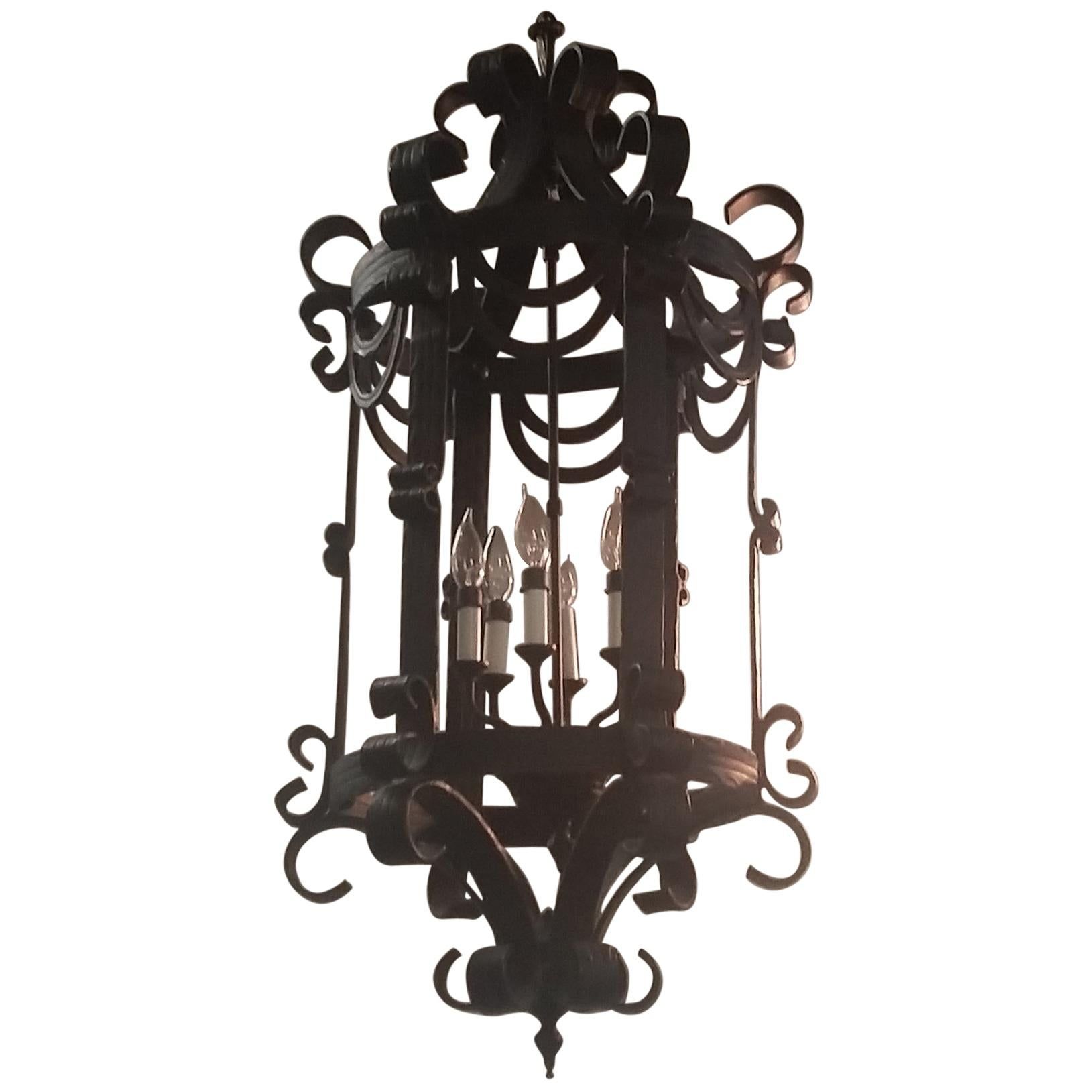 Classic Gothic Scroll Lantern Ribbon Style Wrought Iron Chandelier Hand  Forged For Sale At 1stdibs Intended For Forged Iron Lantern Chandeliers (Photo 6 of 15)