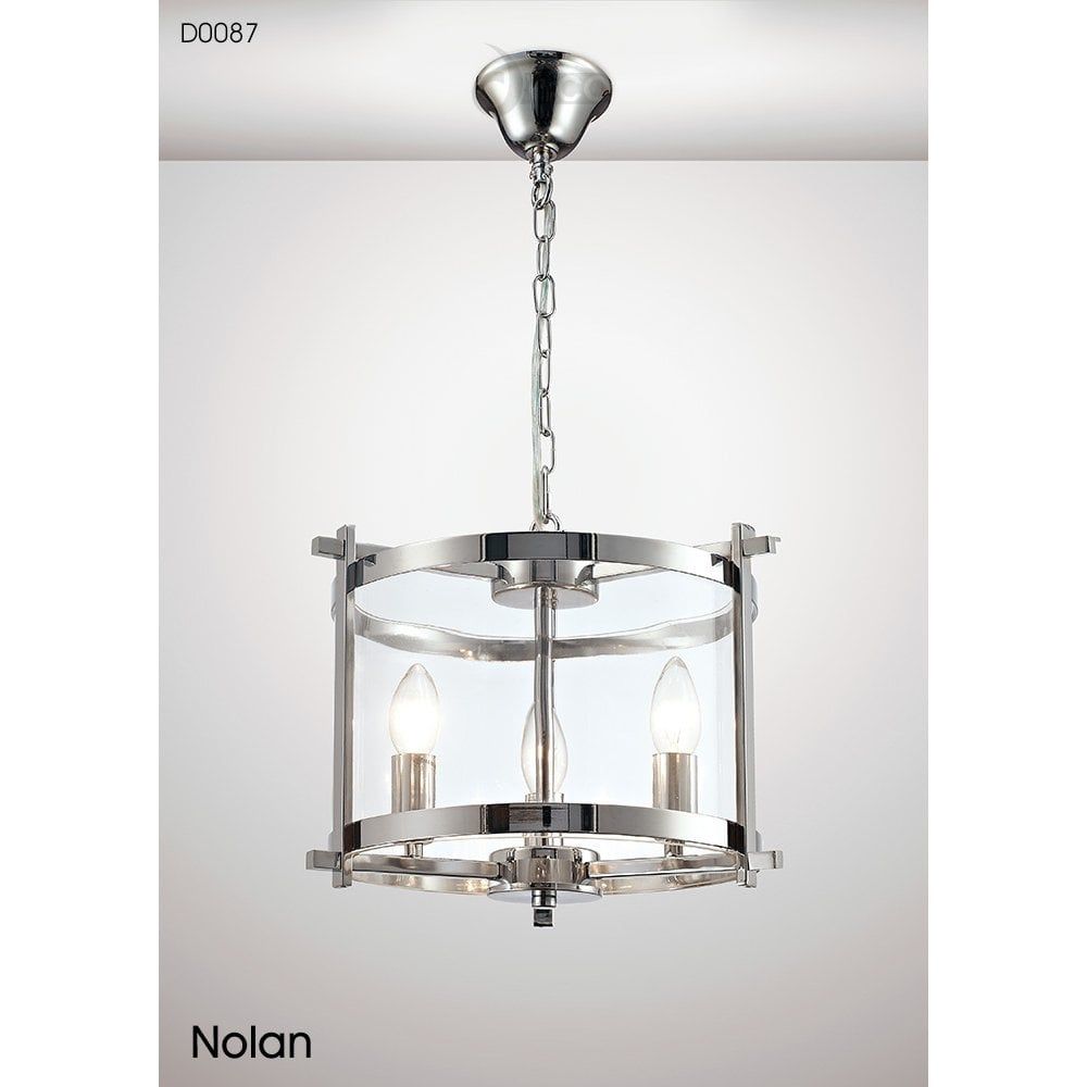 Deco D0087 Nolan Lantern 3 Light Small Ceiling Pendant In Polished Chrome  Finish With Clear Glass N21517 – Indoor Lighting From Castlegate Lights Uk For Lantern Chandeliers With Transparent Glass (View 14 of 15)