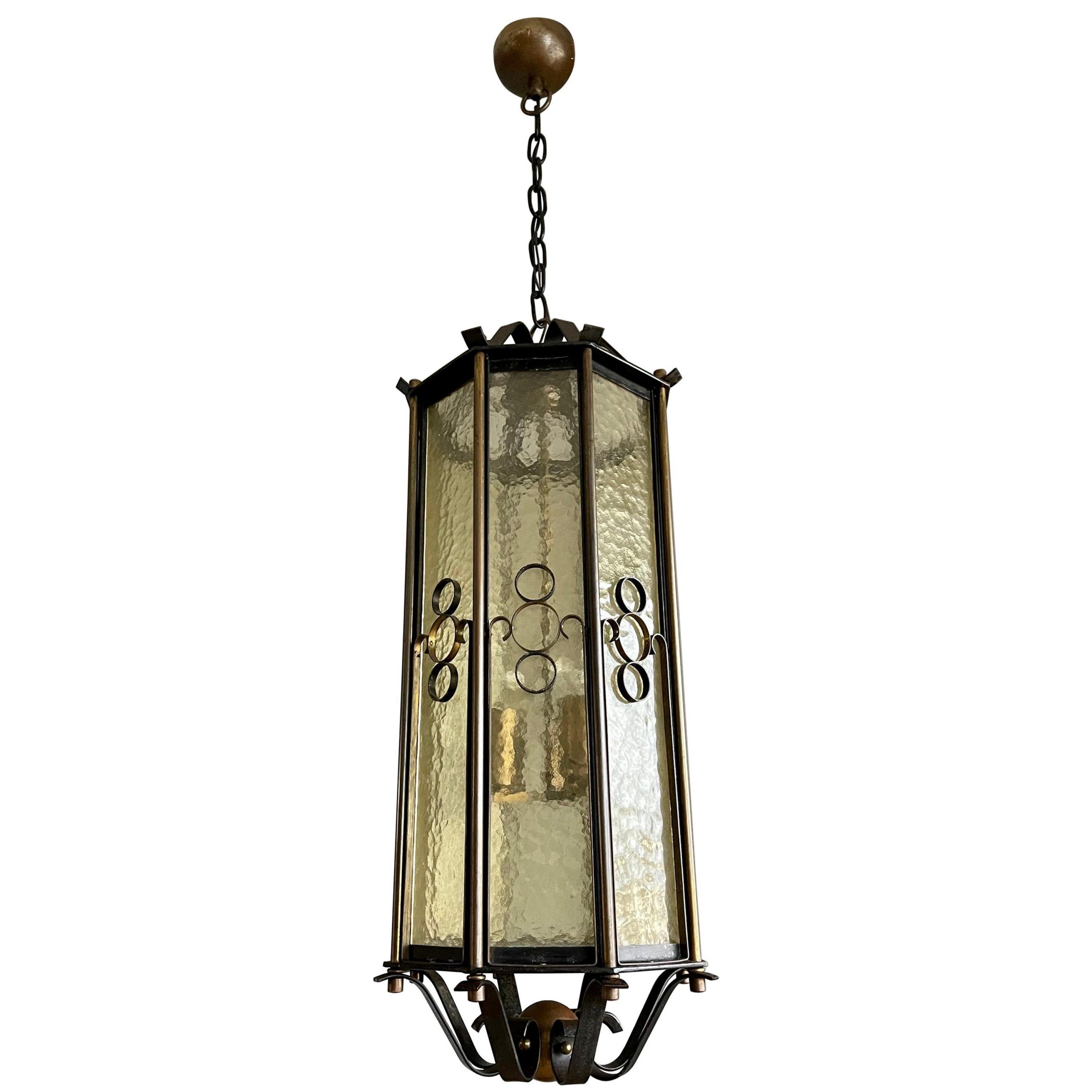 Extra Large Brass And Wrought Iron Lantern / Pendant With Cathedral Glass,  1930s For Sale At 1stdibs With Forged Iron Lantern Chandeliers (View 9 of 15)