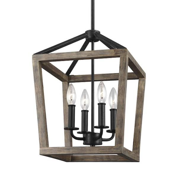 Feiss Gannet 4 Light Weathered Oak Wood And Antique Forged Iron Rustic  Farmhouse Small Caged Hanging Candlestick Chandelier F3190/4wow/af – The  Home Depot Pertaining To Weathered Oak Wood Lantern Chandeliers (View 4 of 15)