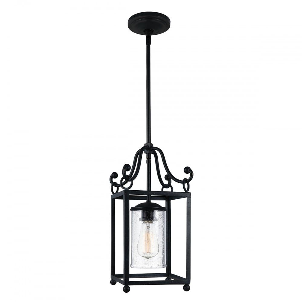 Forged Wroght Iron Small Hanging Hall Lantern With Single Bulb Inside Forged Iron Lantern Chandeliers (Photo 5 of 15)