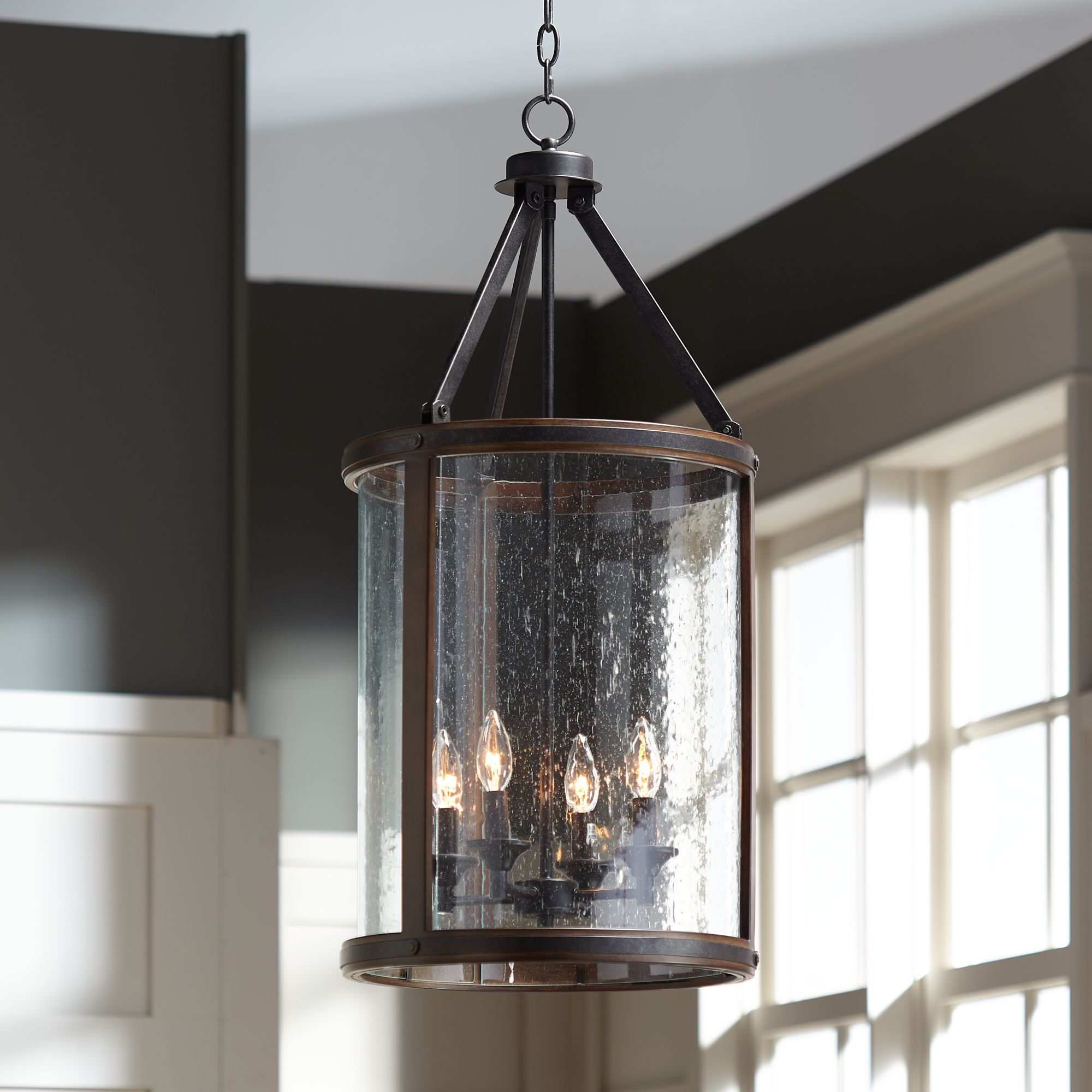 Franklin Iron Works Metal Wood Pendant Chandelier 16" Wide Rustic Farmhouse  Clear Seeded Glass 4 Light Fixture Dining Room Foyer – Walmart Intended For Rustic Gray Lantern Chandeliers (Photo 11 of 15)