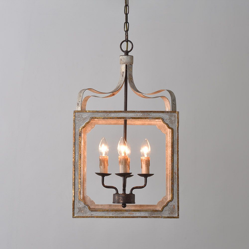 French 4 Light Lantern Chandelier Square Candelabra Pendant Light In  Antique Gray | Wood And Metal Chandelier, Lantern Chandelier, Chandelier Throughout Gray Wash Lantern Chandeliers (View 3 of 15)
