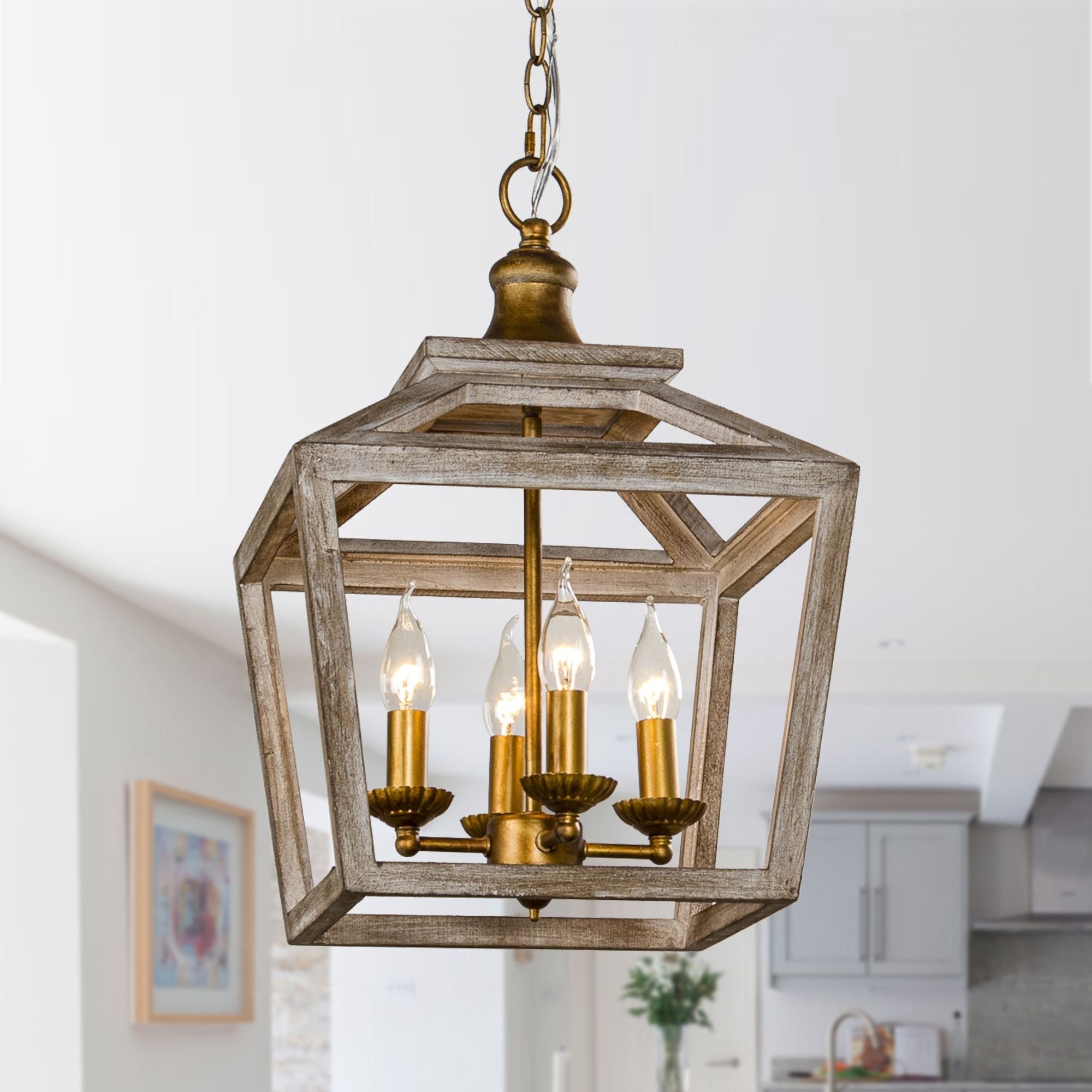 Gold 4 Light Distressed Wood Lantern Pendant Chandelier – On Sale –  Overstock – 35225710 Regarding Distressed Oak Lantern Chandeliers (View 3 of 15)