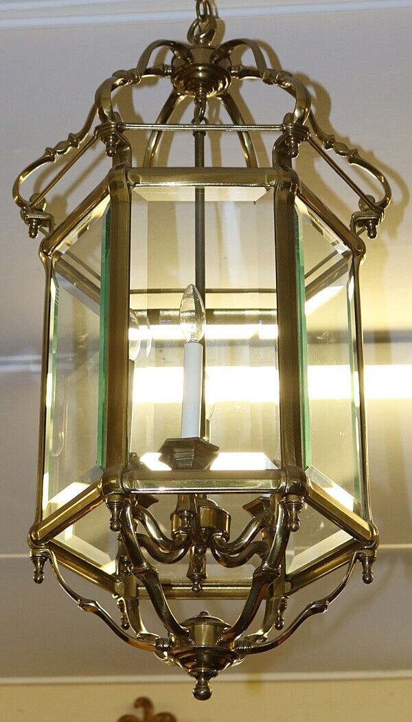 Gorgeous Monumental Solid Brass 6 Light Lantern Chandelier With Beveled  Glass | Ebay Throughout Brass Wrapped Lantern Chandeliers (View 15 of 15)