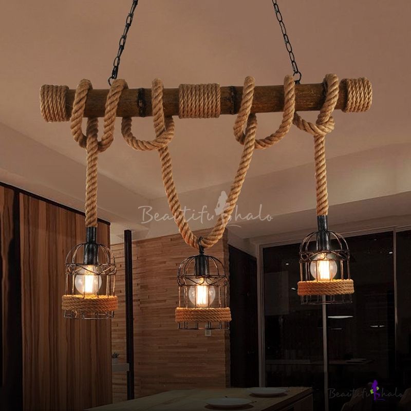 Industrial Multi Light Pendant Light Lantern Style With Rope Cage Frame,  Wood Decoration | Wood Pendant Light, Hanging Lights, Pendant Lighting With Regard To Weathered Driftwood And Gold Lantern Chandeliers (View 11 of 15)
