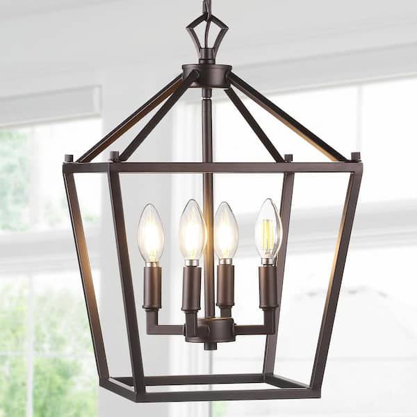 Jonathan Y Pagoda 12 In. 4 Bulb Oil Rubbed Bronze Lantern Metal Led Pendant  Jyl7436a – The Home Depot In Steel Lantern Chandeliers (Photo 11 of 15)