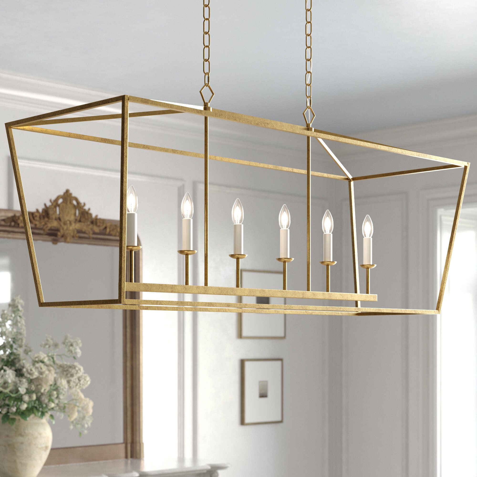 Kelly Clarkson Home Callie H24.7" X L49" X W15“ Cage Large Lantern Iron Art  Design 6 Lights Candle Style Island Chandelier Pendant, Ceiling Light  Fixture Aged Gold & Reviews | Wayfair Pertaining To Gild One Light Lantern Chandeliers (Photo 6 of 15)