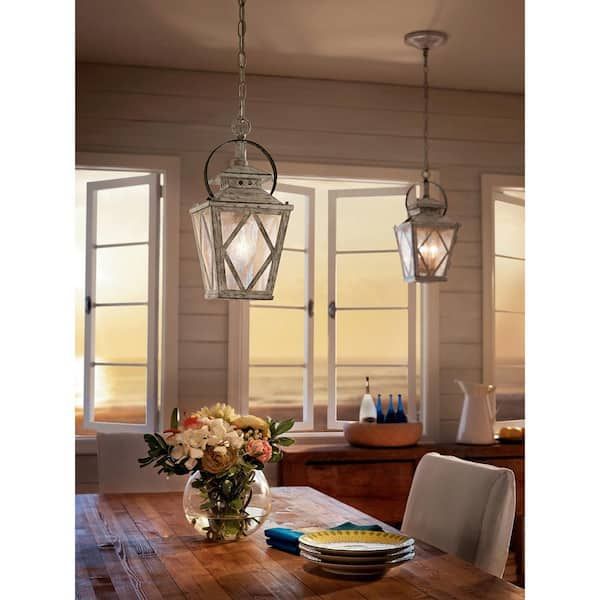 Kichler Hayman Bay 2 Light Distressed Antique White Farmhouse Kitchen Lantern  Pendant Hanging Light With Clear Seeded Glass 43258daw – The Home Depot Within White Distressed Lantern Chandeliers (View 7 of 15)