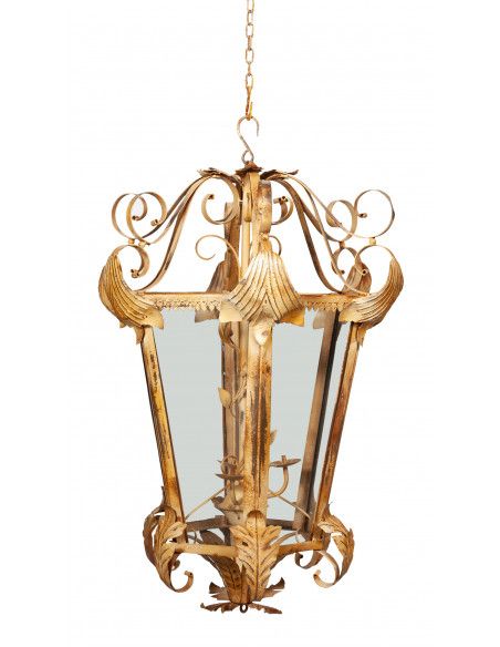 Lantern Ceiling Chandelier In Wrought Iron, Cream Aged Finish Intended For Gilded Gold Lantern Chandeliers (Photo 4 of 15)