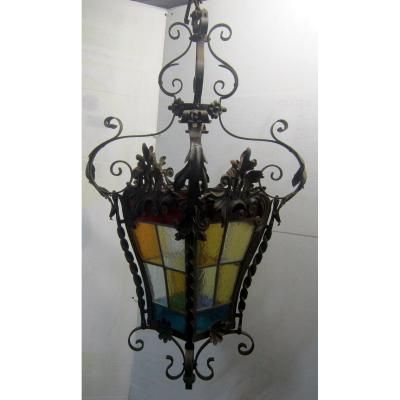 Large Wrought Iron Lantern Style Stained Glass And Lxv – Lanterns Pertaining To French Iron Lantern Chandeliers (View 7 of 15)