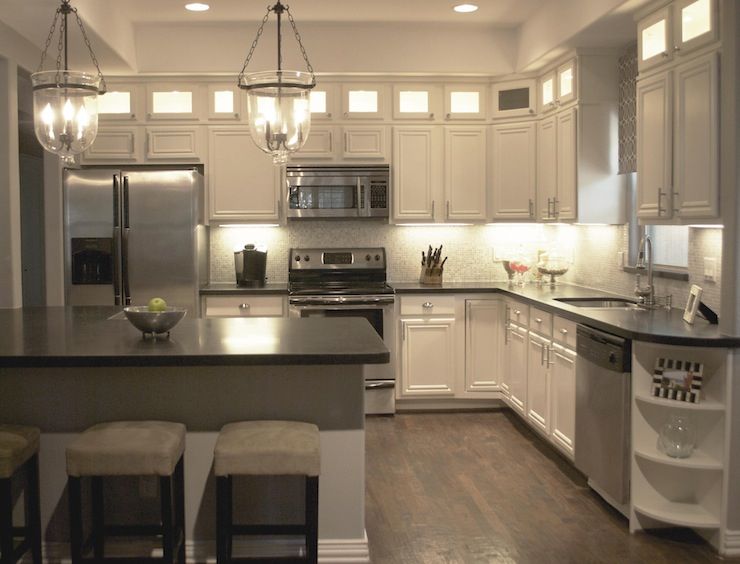 Lit Kitchen Cabinets – Transitional – Kitchen – A Well Dressed Home Pertaining To Gloss Cream Lantern Chandeliers (View 12 of 15)