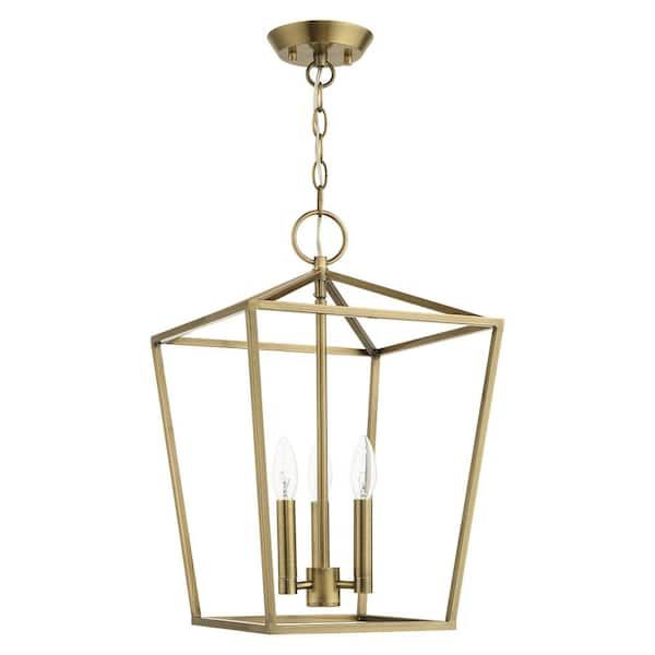 Livex Lighting Devone 3 Light Antique Brass Convertible Pendant 49433 01 –  The Home Depot Throughout Aged Brass Lantern Chandeliers (View 12 of 15)