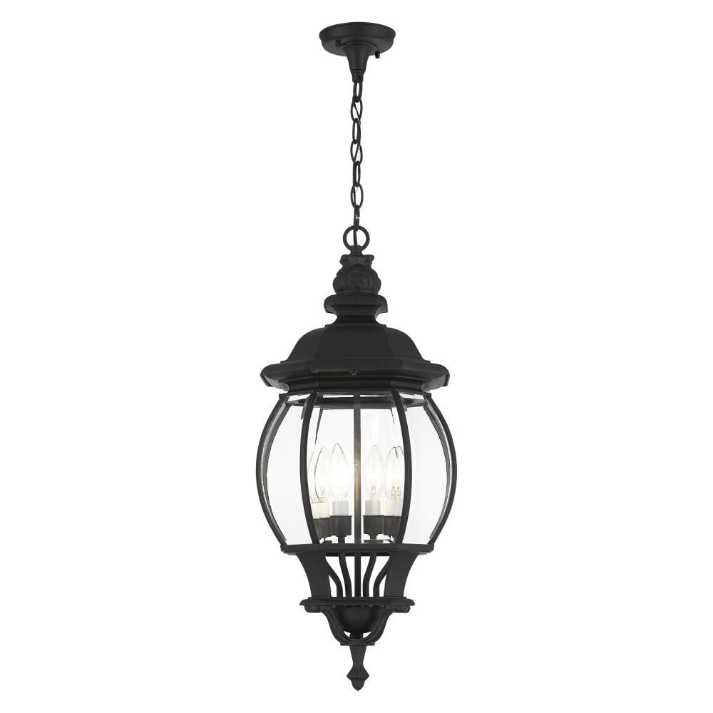 Livex Lighting Frontenac 4 Light Textured Black Traditional Beveled Glass  Lantern Outdoor Pendant Light In The Pendant Lighting Department At  Lowes Throughout Textured Black Lantern Chandeliers (Photo 8 of 15)