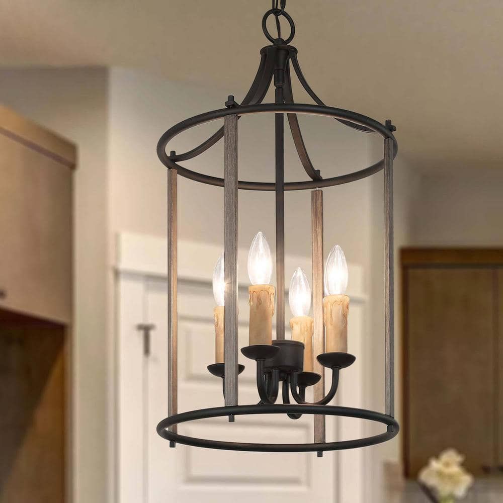 Lnc Bronze Caged Chandelier, Faux Wood 4 Light Candlestick Black Lantern  Island Pendant Light Farmhouse Chandelier Frriiihd14066c7 – The Home Depot With Weathered Driftwood And Gold Lantern Chandeliers (View 10 of 15)