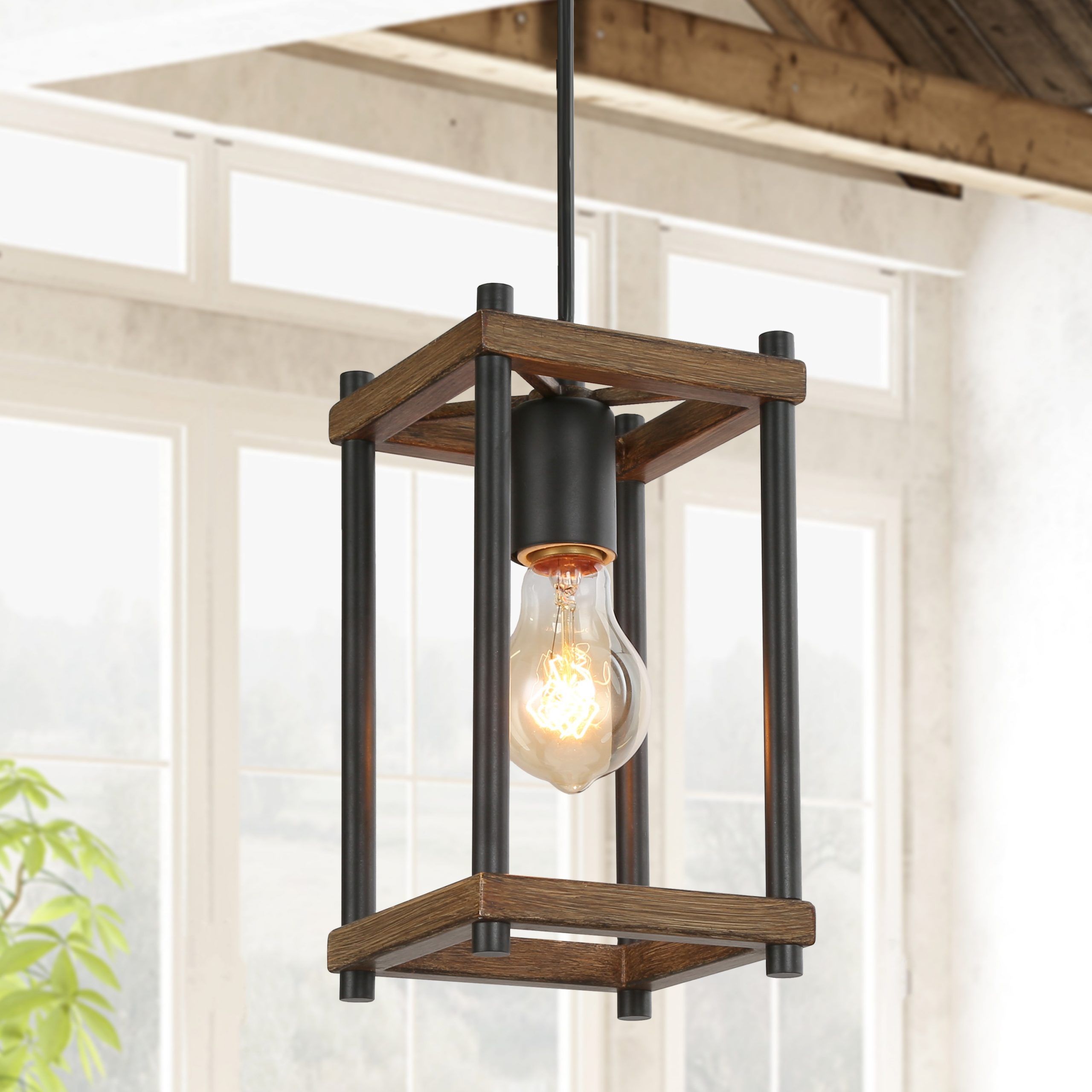 Lnc Chet Iii Brown Faux Wood And Matte Black Farmhouse Lantern Led Mini  Kitchen Island Light In The Pendant Lighting Department At Lowes With Brown Wood Lantern Chandeliers (View 9 of 15)
