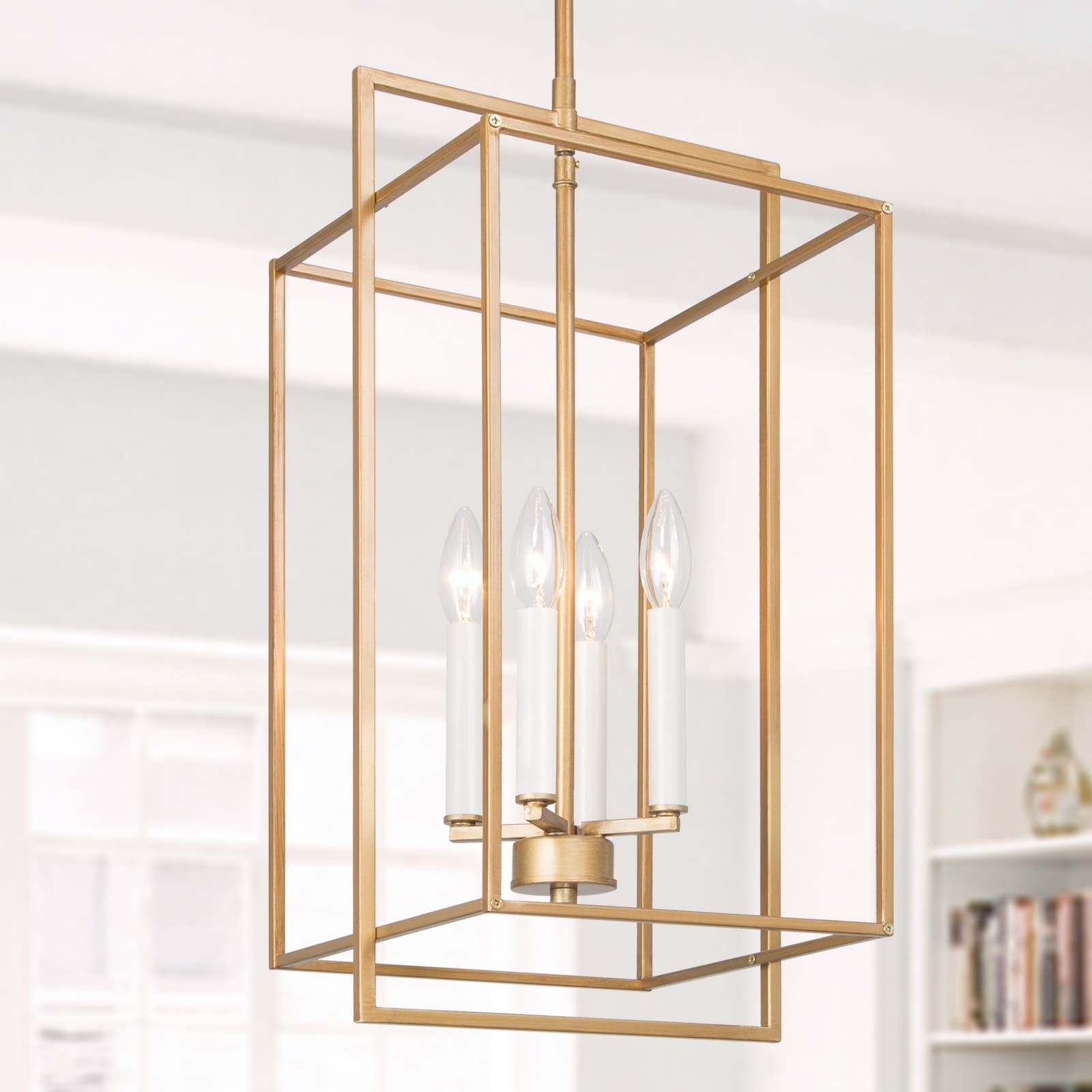 Lnc Ellan 4 Light Gold And White Candle Holder Modern/contemporary  Geometric Led Kitchen Island Light In The Pendant Lighting Department At  Lowes Regarding White Gold Lantern Chandeliers (View 7 of 15)