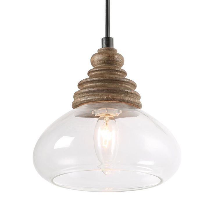Lnc Farmhouse 1 Light Clear Glass Pendant With Vintage Birchwood Base  A03544 – The Home Depot | Pendant Light, Wood Pendant Light, Rustic Pendant  Lighting Pertaining To Birchwood Lantern Chandeliers (View 8 of 15)