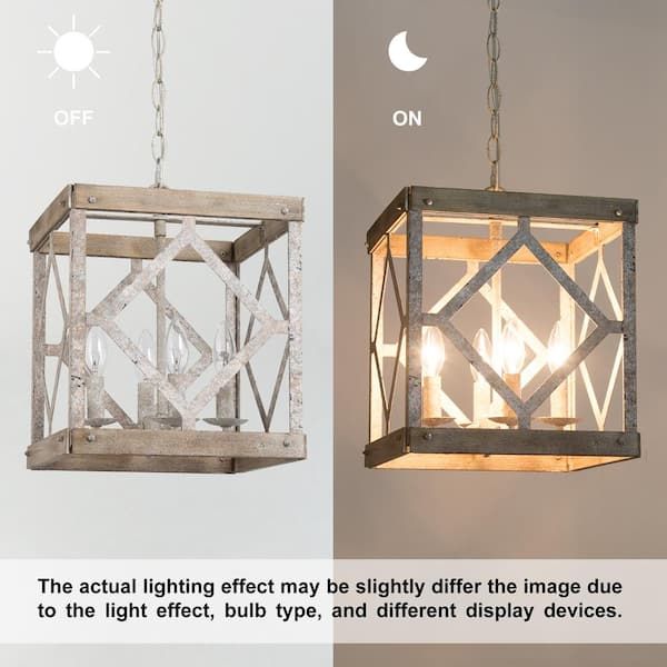 Lnc Farmhouse Cage Chandelier, 4 Light Gray French Country Wood Lantern  Square Pendant Chandelier With Rustic Metal Accents 26nmv3hd14011t7 – The  Home Depot Throughout County French Iron Lantern Chandeliers (View 9 of 15)