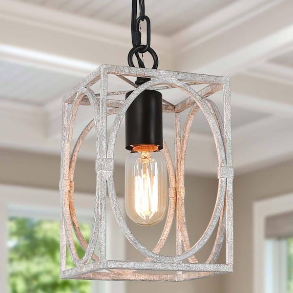 Lnc Farmhouse Distressed White Pendant Light 1 Light Vintage Rustic Island  Cage Lantern Geometric Hanging Pendant Light Aibniuhd14177t7 – The Home  Depot With Regard To White Distressed Lantern Chandeliers (View 9 of 15)