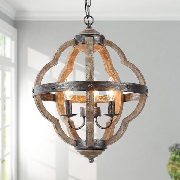 Lnc Farmhouse Distressed Wood Chandelier 3 Light Rustic Candlestick Island  Cage Lantern Pendant Chandelier A03542 For Distressed Oak Lantern Chandeliers (View 5 of 15)