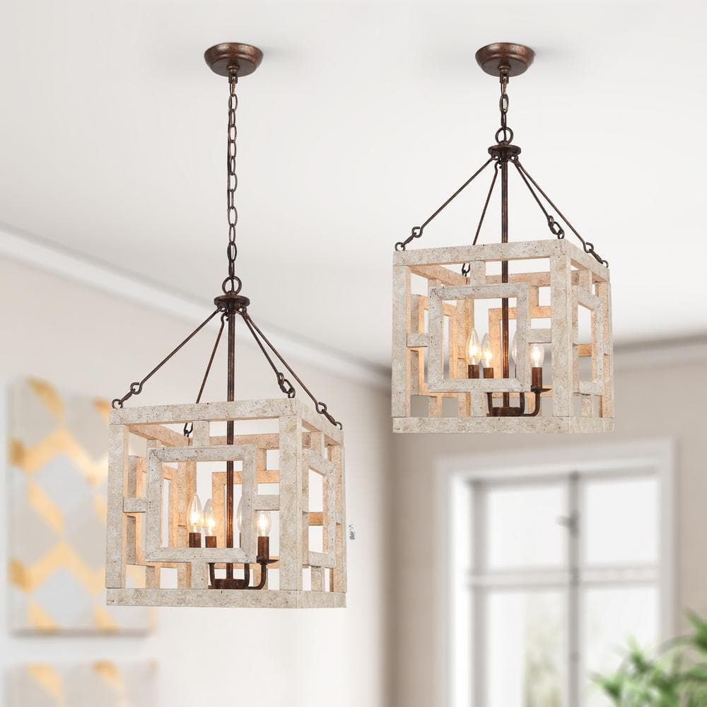Lnc Farmhouse Lantern Square Cage Antique White Wood Chandelier 4 Light  Bronze Candlestick Pendant Lamp Window Lattice Shade Qf6zfyhd14143w7 – The  Home Depot Throughout Driftwood Lantern Chandeliers (View 10 of 15)