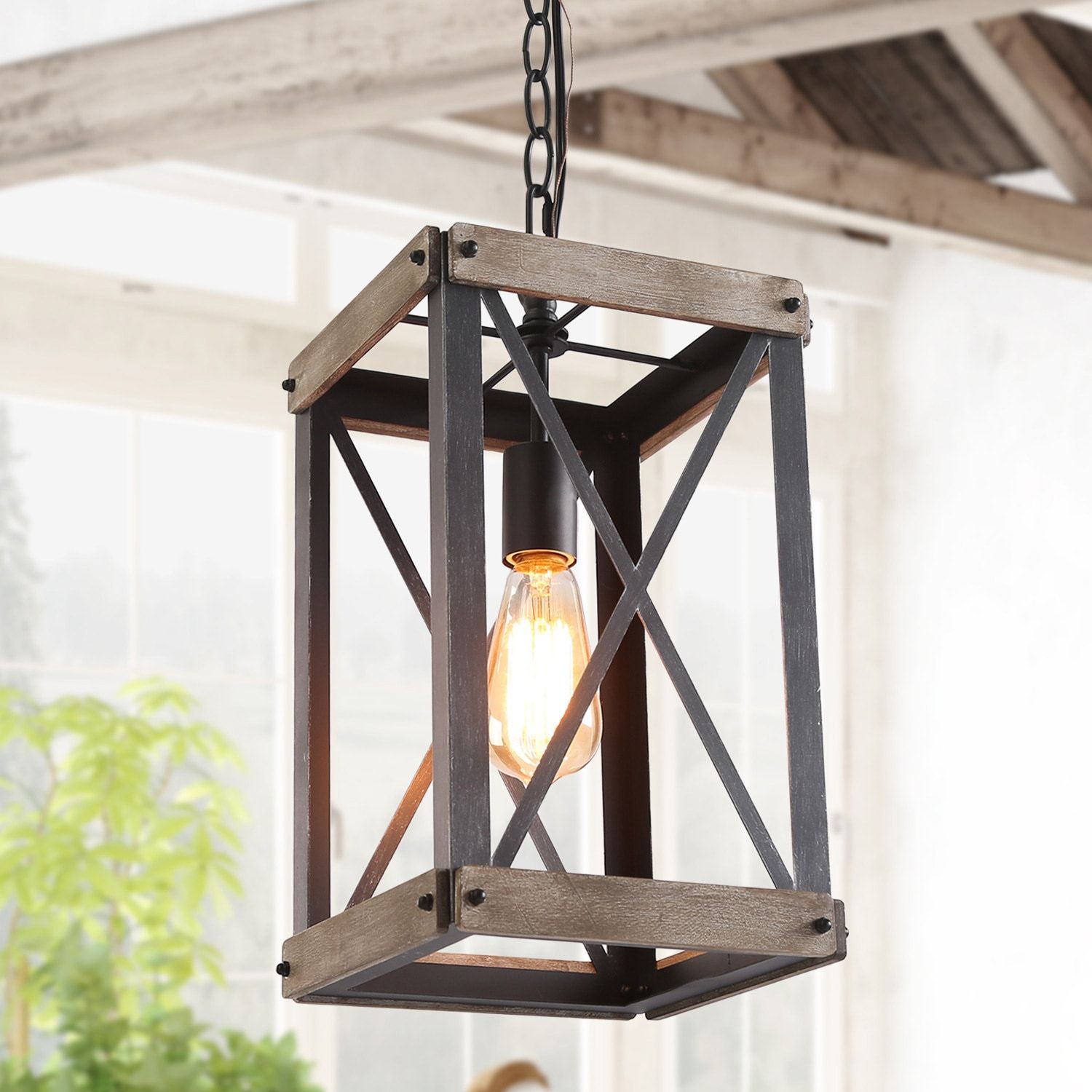 Lnc Laius Solid Pine Wood And Matte Black Farmhouse Lantern Led Mini  Kitchen Island Light In The Pendant Lighting Department At Lowes Regarding Rustic Black Lantern Chandeliers (View 3 of 15)