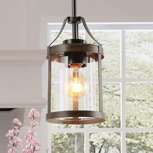 Lnc Morice Modern Farmhouse Brown 1 Light Pendant Light Rustic Faux Wood  Accent Pendant Chandelier With Clear Glass Shade Vnrnbuhd13547l6 – The Home  Depot For Clear Glass Shade Lantern Chandeliers (View 5 of 15)