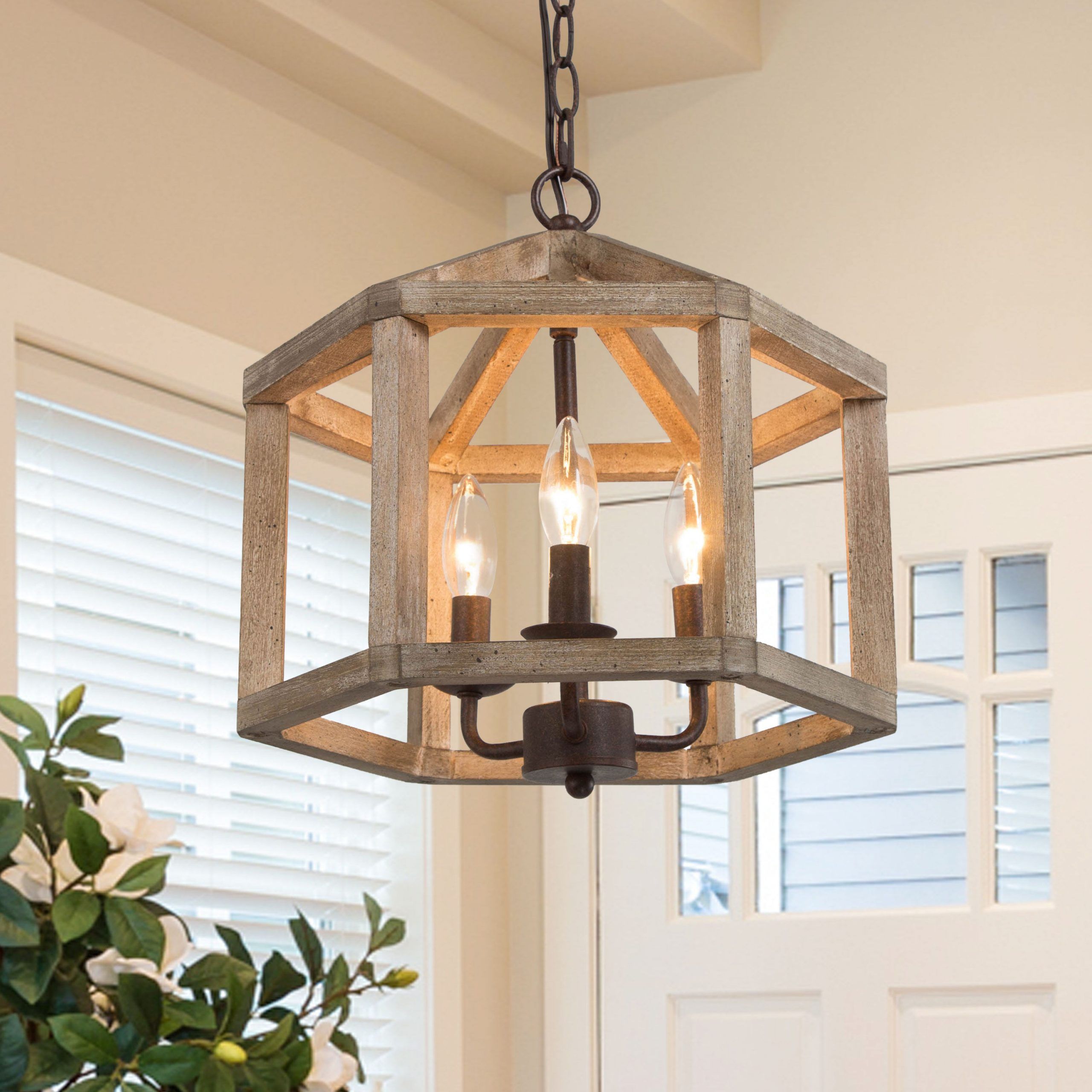 Lnc Quaint 3 Light Distressed Wood Brown And Rustic Bronze Drum Farmhouse  Cage Led Chandelier In The Chandeliers Department At Lowes Regarding Weathered Oak Wood Lantern Chandeliers (View 14 of 15)