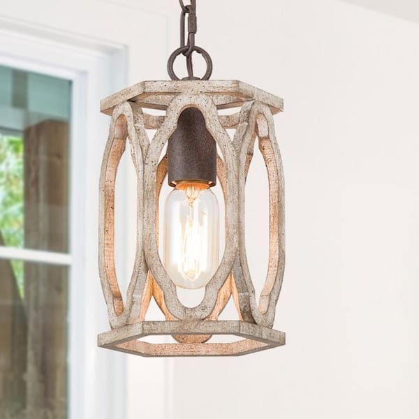 Lnc Wood Lantern Pendant Light, 1 Light Brown Farmhouse Caged Chandelier  Drum Rustic Cylinder Island Pendant Light Ifruumhd1406177 – The Home Depot With Brown Wood Lantern Chandeliers (View 1 of 15)
